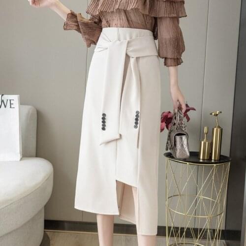 Lace Up Irregular Skirts Women 2021 Summer High Waist Office Lady Midi Skirts Plus Size Split Skirt jupe femme