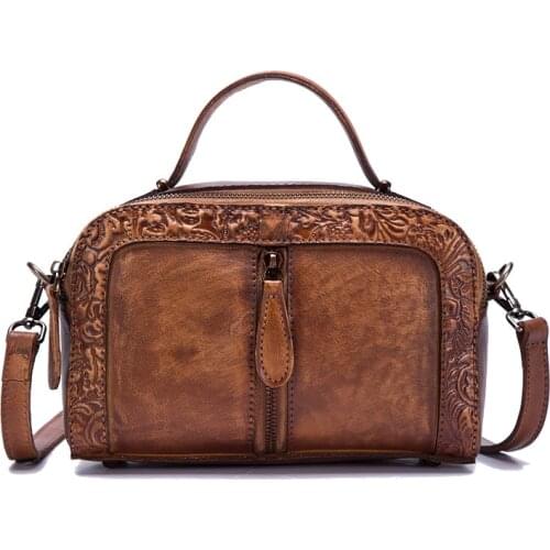 Embossed Shoulder Messenger Crossbody Bag Tote Handbag Retro Vine Brush Color Genuine Leather Women Cowhide Top Handle Bags