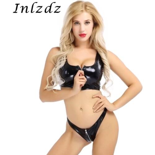 Womens Erotic Bikini Lingerie Set Wet Look Patent Leather Zipper Sleeveless Crop Top with Mini Briefs Sexy Bikini Underwear Set