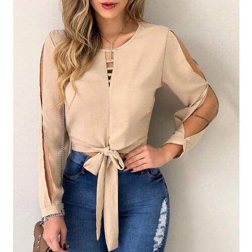 2021 Spring Autumn Women Top Hollow Out Long Sleeve Chiffon Lace-up Bow Solid Shirt Blouse New Loose Streetwear