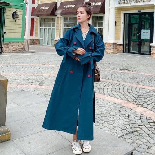 Korean Style Womens Trench Coat Casual Long Outerwear Double-Breasted With Belt Overcoat Female Fashion Windbreaker Spring Fall
