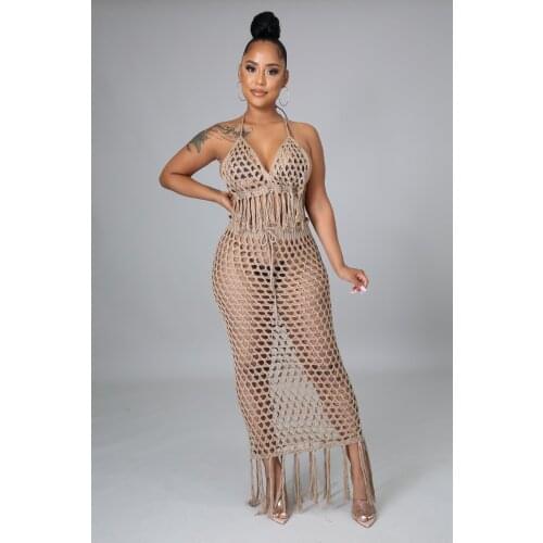 JRRY Sexy Women Knitted Set Two Pieces Set Crop Top Long Skirt Tassels Crochet 2 Pieces Set Beach Crocheted Cover Up