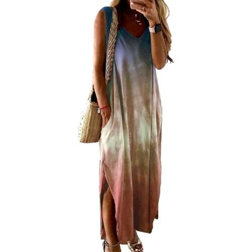 Women Boho V Neck Sleeveless Gradient Color Pockets Slitting Hem Long Dress Sleeveless Gradient Pockets Slitting Hem Long Dress