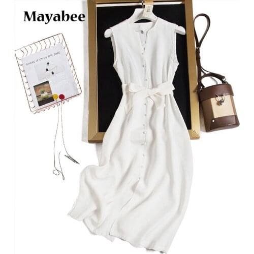 Small V-Neck Belt Sleeveless Silk Shirt Dress 2021 Spring And Summer New Button Womens Solid Color