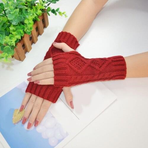 1Pair Winter Unisex Rhombic Knitted Fingerless Gloves Fashion Arm Warmer Mittens Solid Color Women Men Warm Wrist Gloves Guantes