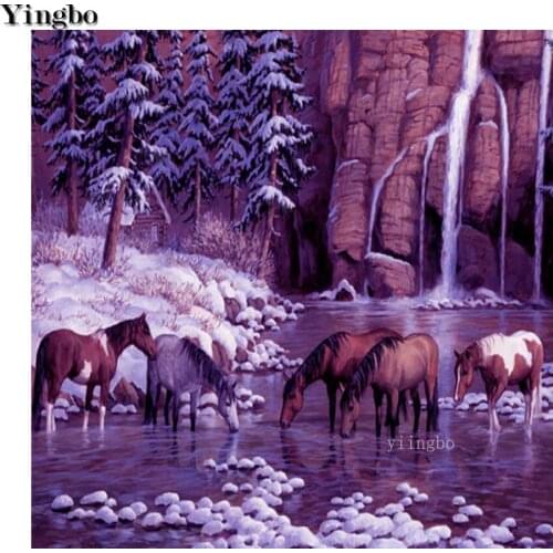 DIY Diamond Painting 5d Horse Needlework waterfall Scenic Diamond Mosaic Full Square round Diamond Embroidery Pattern Rhinestone