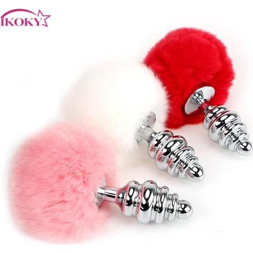 IKOKY Anal Plug Bead Female Male Masturbation Stainless Steel Rabbit Tail Sex Toys for Women Men Gay Metal Butt Plug