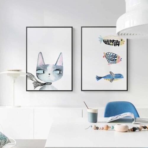 HAOCHU Creative Nordic Decorative Canvas Painting Cartoon Posters Cat with a Scarf is looking at Idiographic Fishes