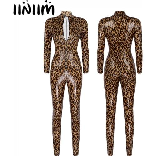 Womens Fashion Leopard Leather Bodysuit Streetwear Clubwear Stand Collar Long Sleeve Zipper Catsuit Slim Fit Skinny Jumpsuit