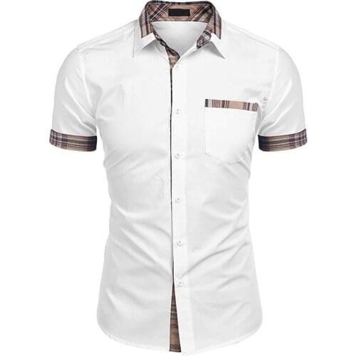 Cotton Shirts Men Plaid Patchwork Casual Short Sleeve Mens Shirt Spring Autumn Business Work Chemise Homme Wedding Dress Camisas