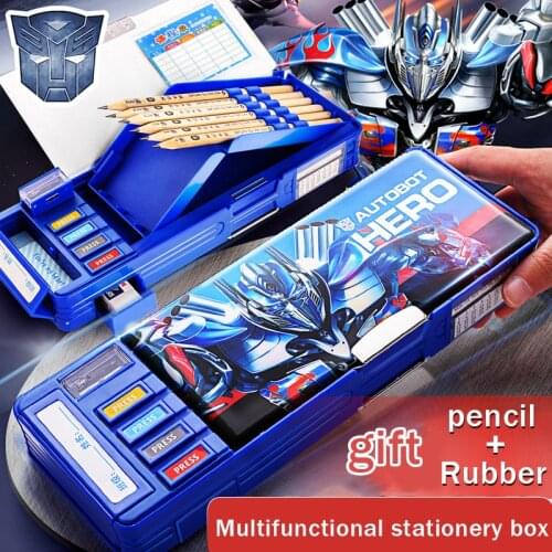 2021 New Stationery Pencil Case Disney Transformers Boys Students Automatic 2-layer Pencil Case Resistant Fall Stationery Box