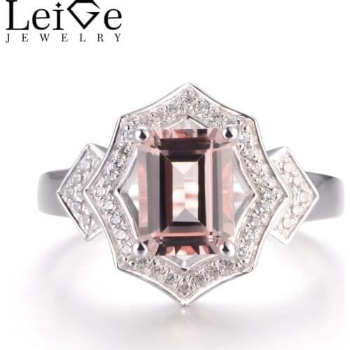 LeiGe Jewelry Natural Pink Morganite Engagement Rings Emerald Cut Pink Gemstone Ring Solid 925 Sterling Silver Fine Jewelry