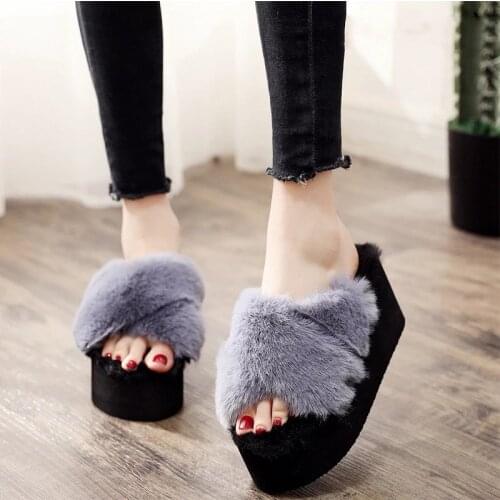 Sexy Fur Slippers Women Furry Fluffy Slippers Outdoor Indoor Home Slides Female High Heels Platform Slippers Flip Flop