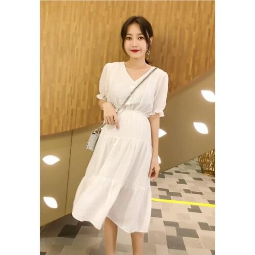 Hot new pregnant women summer dress pregnancy V-neck buckle can breastfeed pure white simple dress fairy skirt tide