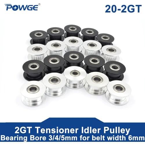 POWGE 5pcs 20 Teeth 2GT 2M synchronous Wheel Idler Pulley Bore 3/4/5mm with Bearing for GT2 Timing belt Width 6MM 20Teeth 20T