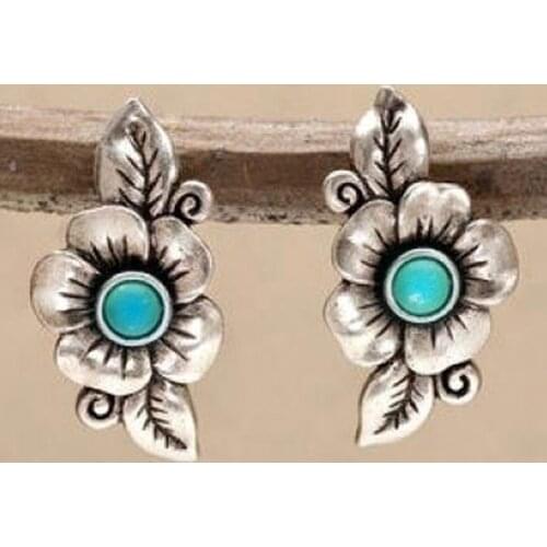 Bohemian Plant Leaf Rose Flower Drop Earrings for Women Ethnic Antique Silver Color Turquoises Stone Earring Vintage Jewelry