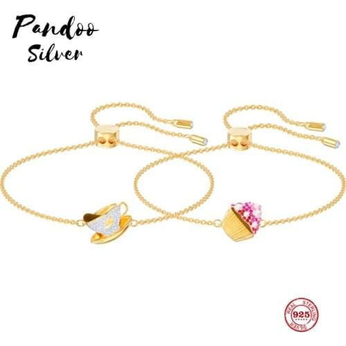 PANDOO Fashion Charm Pure 925 Silver Original 1:1 Copy, Small Cake Coffee Combination Wild Bracelet Female Luxury Jewelry Gifts