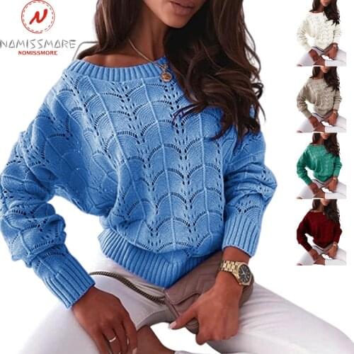 Fashion Women Solid Color Sweaters Hollow Out Design See Through O-Neck Long Batwing Sleeve Spring Autumn Casual Loose Top