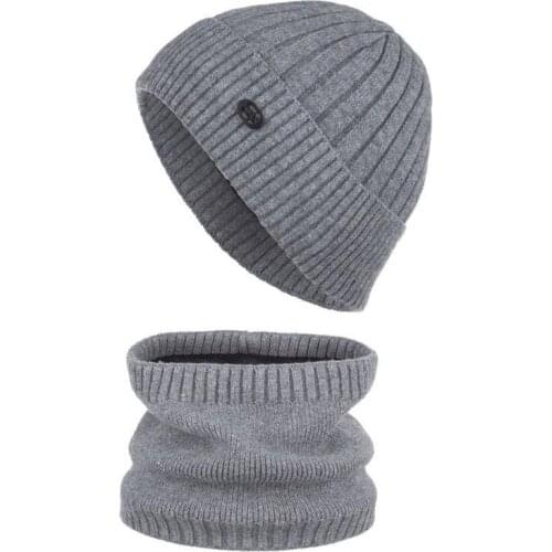 Knitted Wool Hat For Men Solid Color Knit Hats And Scarf Sets Man Winter Warm Skullies Beanies Scarves Add Velvet Bonnet Caps
