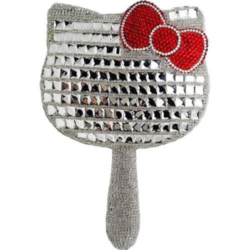 Handmade Crystal KT Cat Mirrors Long Handle Bedroom Mirror Helloo Kitty Hand Mirror Makeup Home Decor Luxury Mirror Silver