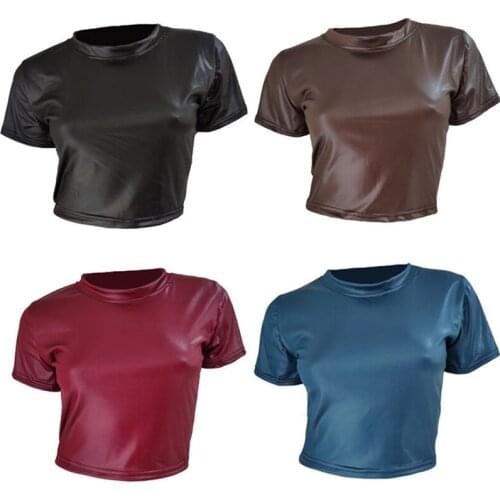 Women Faux Leather T-Shirt Crop Tops Short Sleeve Sexy Punk Midriff Tee Clubwear Women Shirt