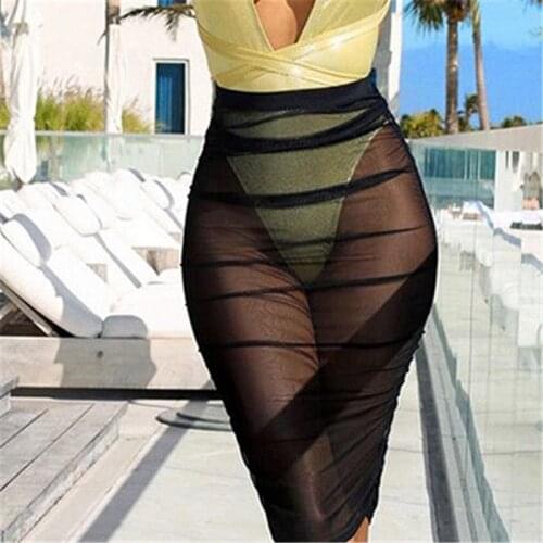 Womens Beach Cover Up 2020 Sexy Solid Color Boho Chiffon Skirt High Waist Beach Sundress Skirt Kaftan Swimwear Bikini Cover Up