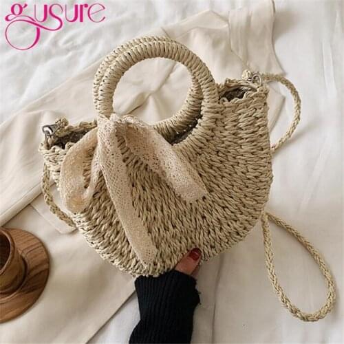 Gusure Summer Straw Beach Bag with Ribbons Handmade Round Women Shoulder Bags Raffia Circle Rattan Bag Bohemian Basket Handbags