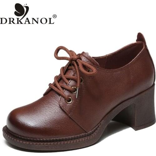 DRKANOL 2021 Handmade High Heel Shoes Women Round Toe Pumps 100% Genuine Leather Vintage Thick Heel Casual Cowhide Shoes H20266