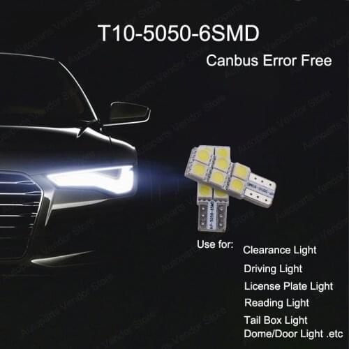 10Pcs LED Car Bulbs White T10 W5W 5050 6SMD Bulb Canbus Error Free Clearance Lamps Reading Light License Plate Lights 12V