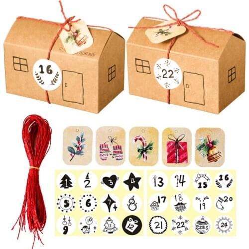 24sets Christmas Advent Calendar Gift Box House Shape Kraft Paper Boxes Xmas Party Decor Candy Box with Number Sticker Rope Tags