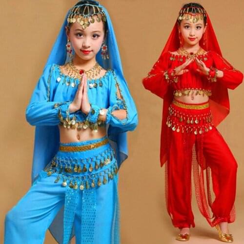 Long Sleeve Children Belly Dance Costumes for Girls Oriental Stage Dancing Costumes Set Girl Indian Dance Dress Suit Dance 4PCS