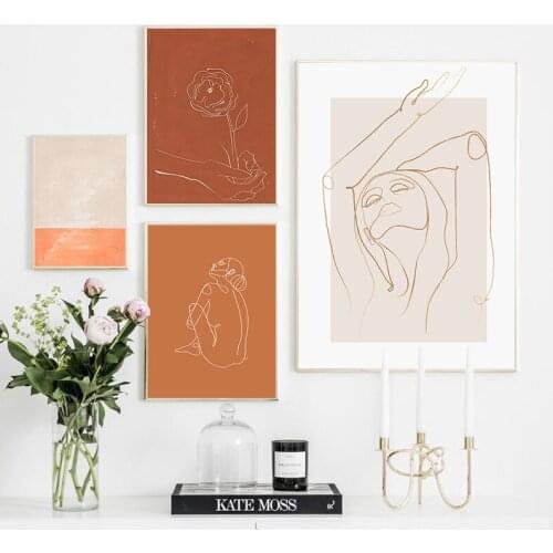 Abstract Burnt Orange Wall Art Canvas Painting Terracotta Rainbow Minimalist One Line Drawing Posters Boho Prints Home Decor