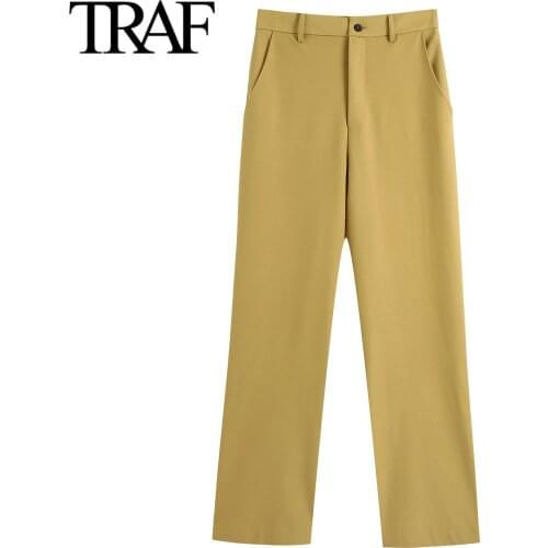 Traf Za Women Bottoms Pants Korean Style Fashion High Waist Wide Leg Pants Chic Office Lady Vintage Side Pocket Trousers Mujer