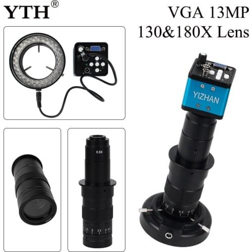 13MP VGA Microscope Camera Digital Electronic HD Industrial Camera + 130/180X Adjustable Lens Microscope Binocular Trinocular