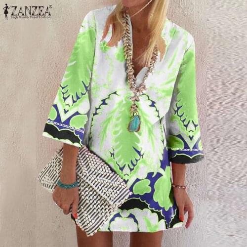 ZANZEA Bohemian Beach Mini Dress Women V Neck 3/4 Sleeve Floral Printed Vestidos Robe Casual Holiday Summer Sundress Oversized