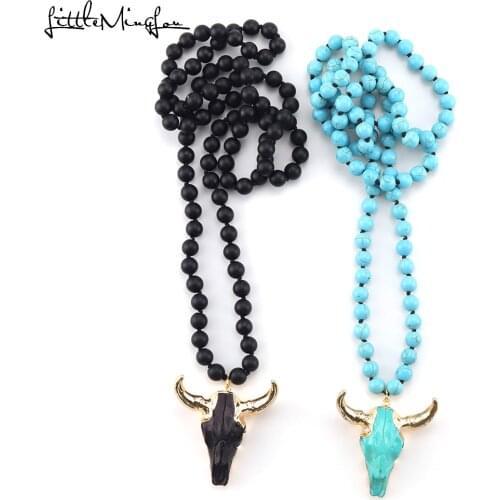 Fashion Bohemian Tribal Jewelry Long Knotted Stone Beads Ox horn Pendant Necklace For Women Ethnic Necklace long necklace
