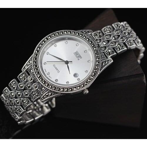 Limited Edition S925 Pure Silver Big Watch Classical Thai Silver Men Watch Women Big Silver Thailand Process Rhinestone Bangle