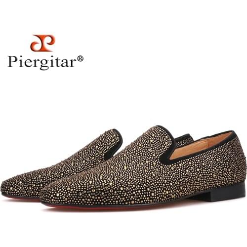 Piergitar 2019 Handmade genuine Leather Men Loafers with Gold Rhinestone Fashion Party and Banquet mens casual shoes plus size