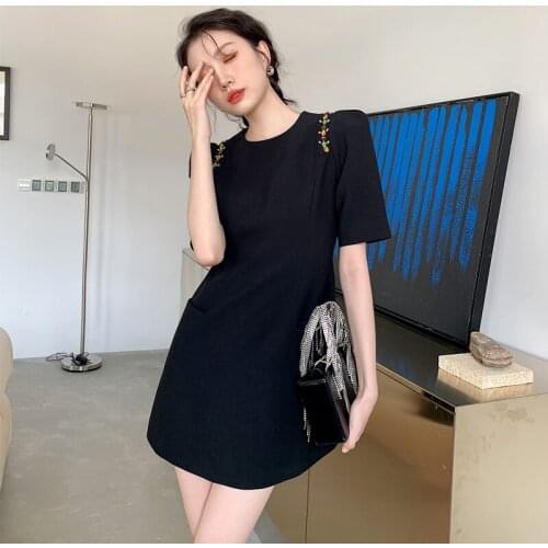 Crystal Beading Summer Mini Dress Women Korean Puff Sleeve Casual Short Sleeve Diamond Black Party Dress Vintage High Waist C331