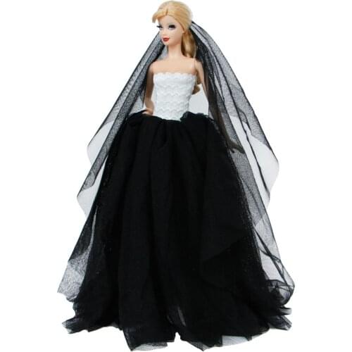 1 Set Black Strapless Wedding Party Princess Dress Trailing Lace Gown with Veil Clothes for Barbie Doll Accessories Kids Toy