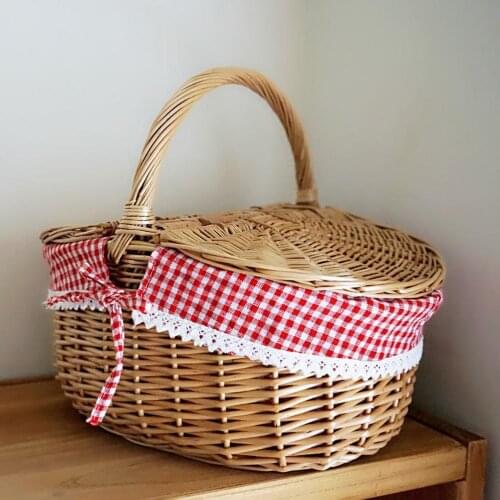 Country Style Hand Made Wicker Basket Wicker Camping Picnic Basket Shopping Storage Hamper And Wooden Wicker Picnic Basket