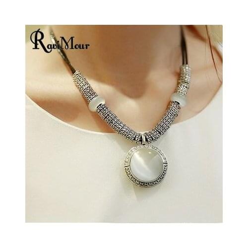 RAVIMOUR Chokers Women Necklace Jewelry Vintage Round Opal Stone Maxi Necklaces & Pendants Fashion Collier Femme Bijoux