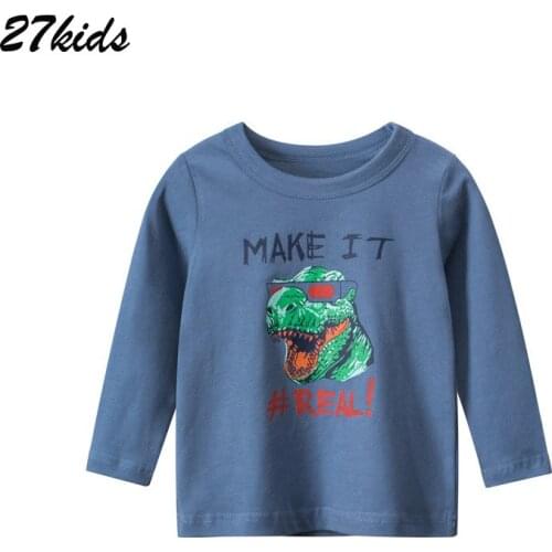 27kids Boys Fashion Clothes Full Sleeve Shirt Soft Cotton Cartoon Dinosaur with Sunglasses T Shirts Tops Toddlers for 2-9 years