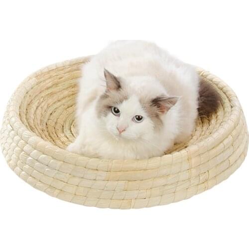 Pet Bed Straw Cat Bed Pet Sleeping Beds Cat Summer Natural Air Permeable Handmade Straw Pet Bed For Small Dog Cat Kittens