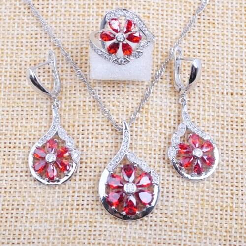 Wedding Jewelry Sets Russian Style For Women Red Crystal Cubic Zircon Earrings Ring Necklace Pendant 2020 New