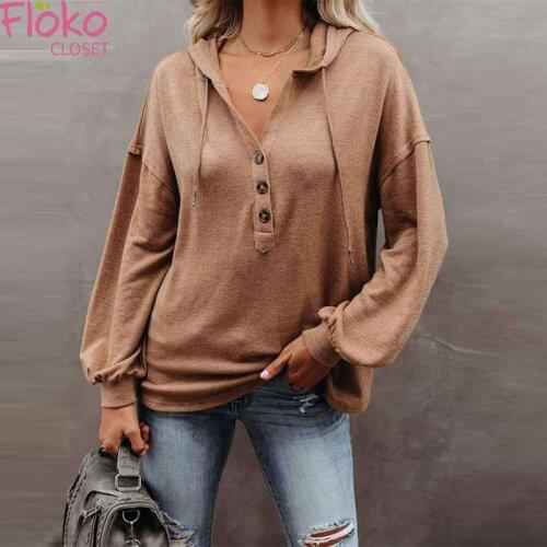 Flokocloset Casual Long Sleeve Solid Hoodies Sweatshirts Autumn Spring Button Oversized Pullovers Streetwear Girls Tops
