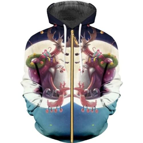 UJWI Mens Christmas Moon Pattern Zip Hoodied 3D Printed Lovely Santa Claus And Elk Clothing Casual Trend Best Zipper Coat