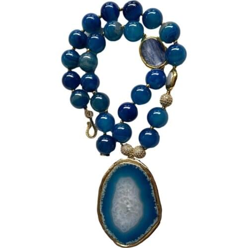 Y·YING Agates Smooth Round Shape Oval Kyanites White Coin Pearl Necklace Blue Agates Slice Pendant 22"