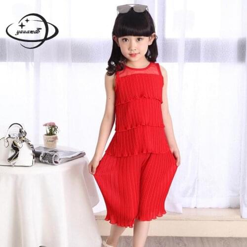 Yauamdb Kids Set Summer 5-17y Girls Coat+Pants 2PCS Suits Sleeveless Solid Color Hollow Out Formal Childrens Clothes Y33