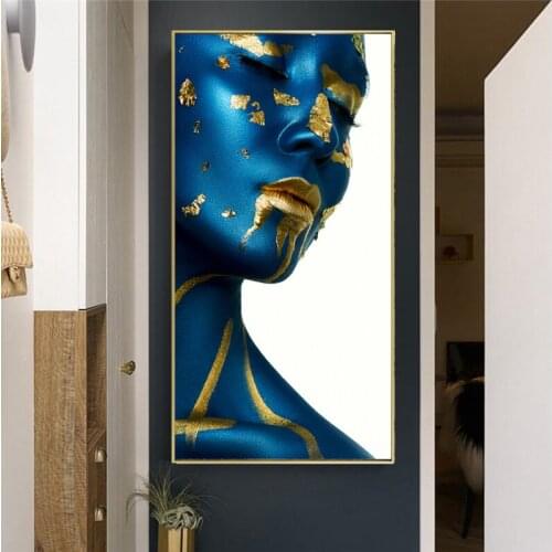 Mysterious Women Blue Gold Sexy Woman Canvas Painting Posters and Prints Modern Figure Wall Art Pictures for living Room